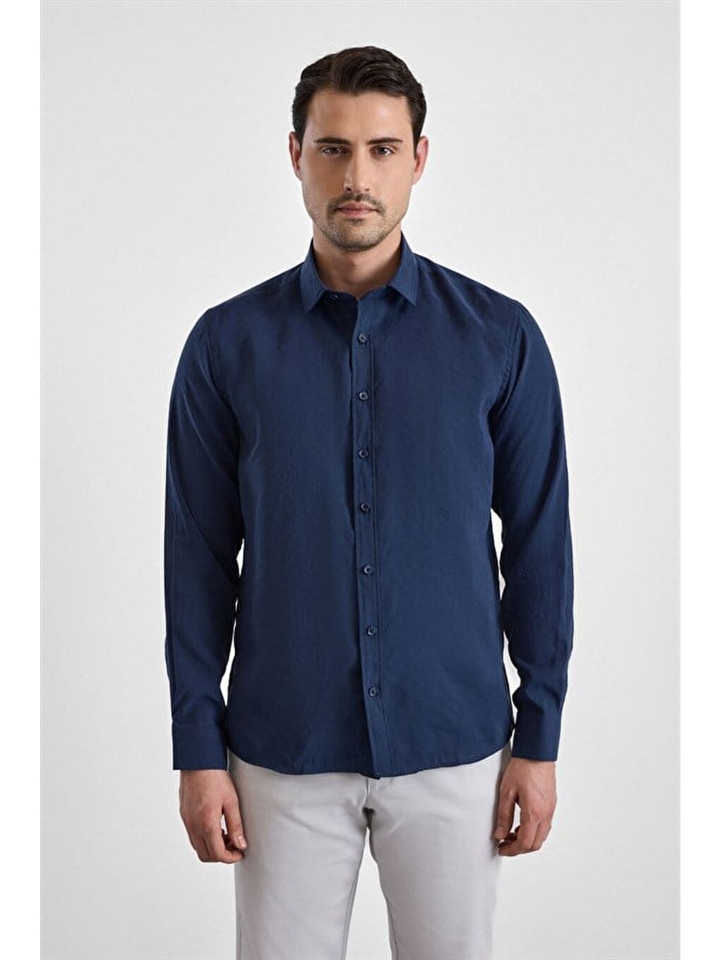 Lacivert Slim Klasik Yaka Düz Casual Gömlek-1