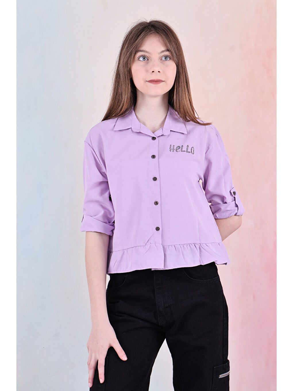 Lila Kız Çocuk Bel Detaylı-Taş Baskılı Crop Gömlek 6-15 Yaş 12254-4