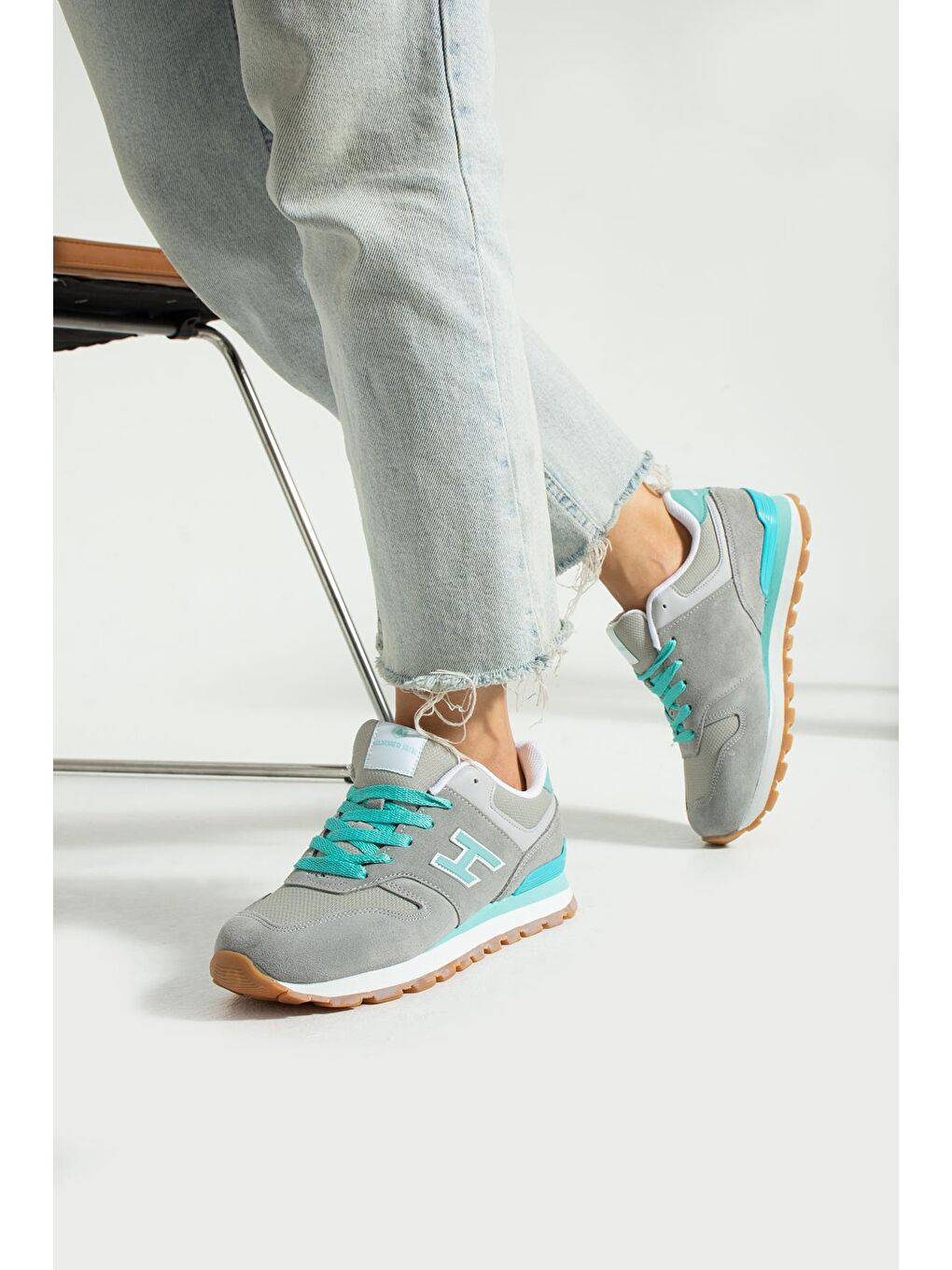 Karışık Hakiki Deri Gri Turkuaz Kadın Spor Ayakkabı