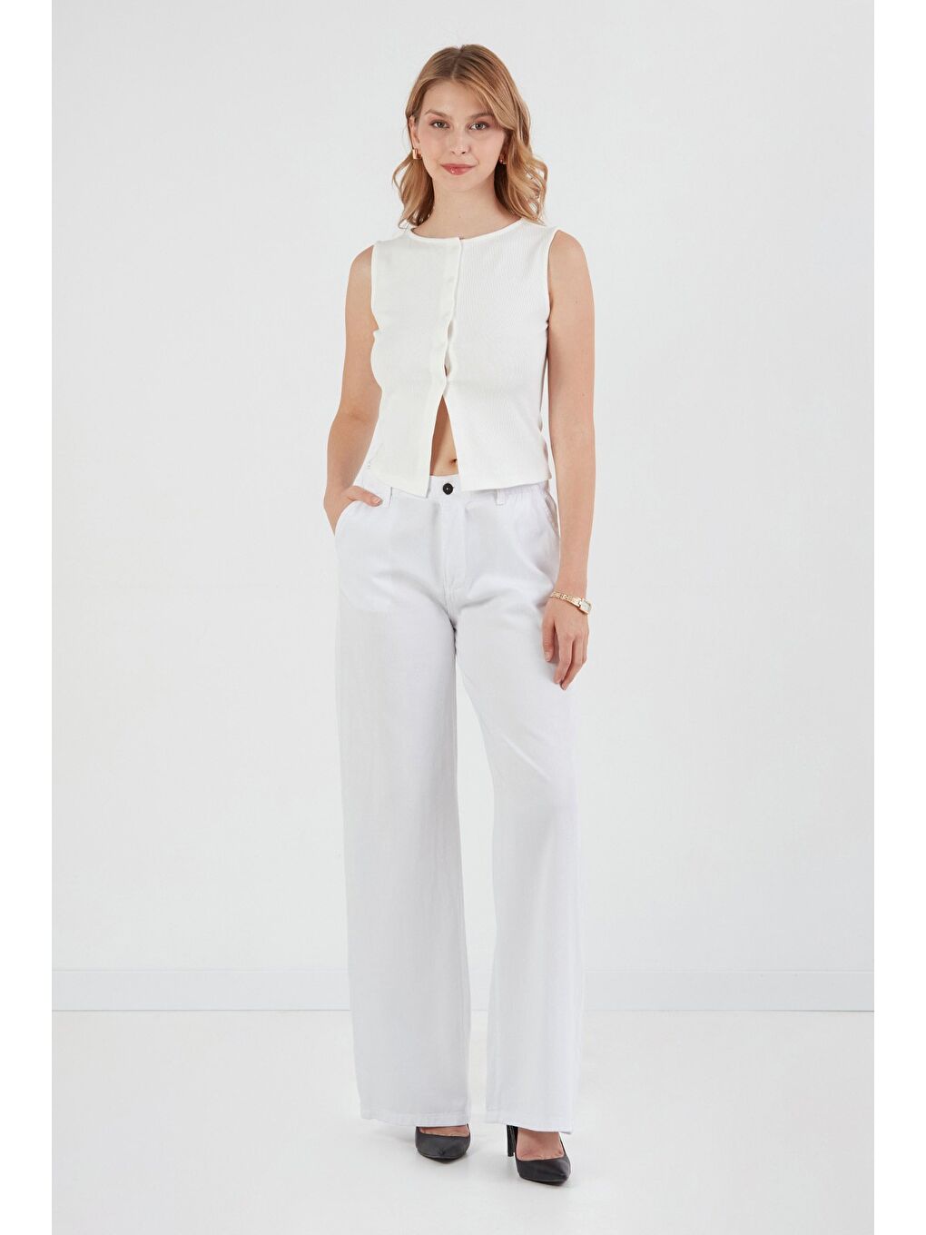 Beyaz Beli Lastikli Düğmeli Lyocell Kumaş Pantolon-2