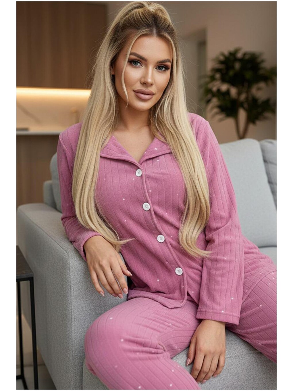 Pembe Düğmeli Polar Kışlık Örme Pijama Takım
