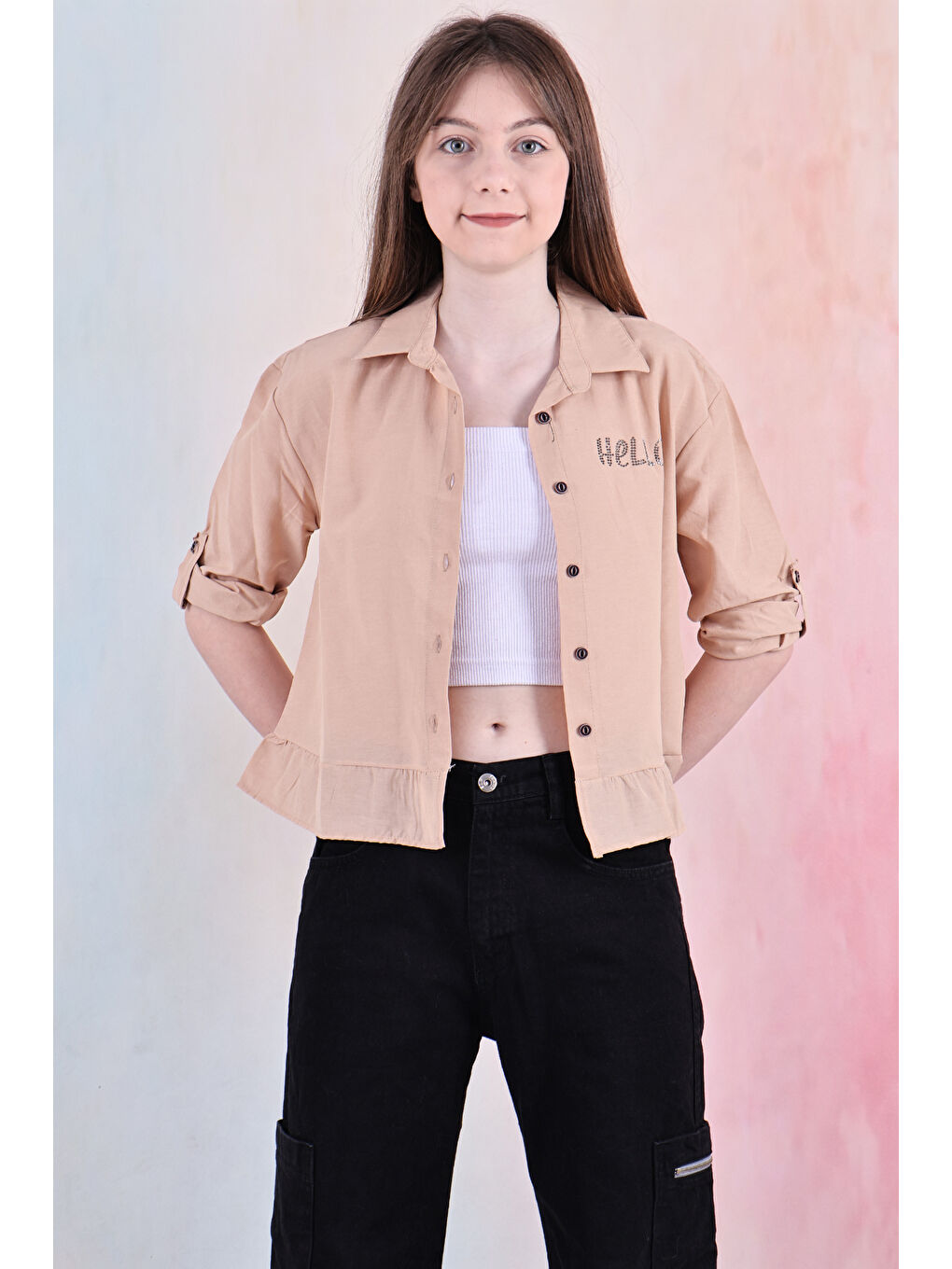 Kahverengi Kız Çocuk Bel Detaylı-Taş Baskılı Crop Gömlek 6-15 Yaş 12254-1