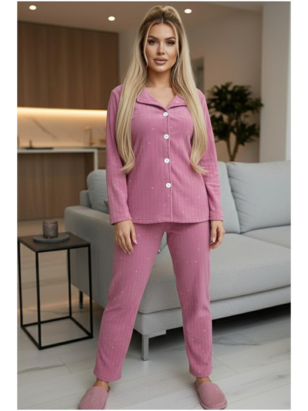 Pembe Düğmeli Polar Kışlık Örme Pijama Takım-1