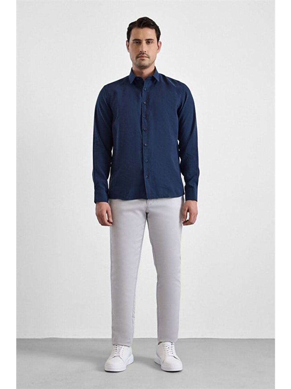 Lacivert Slim Klasik Yaka Düz Casual Gömlek-5