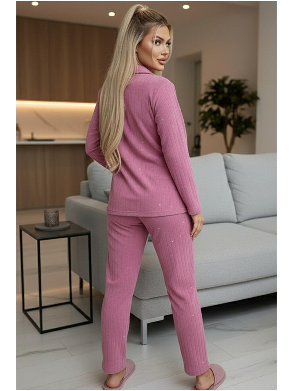 Pembe Düğmeli Polar Kışlık Örme Pijama Takım-2