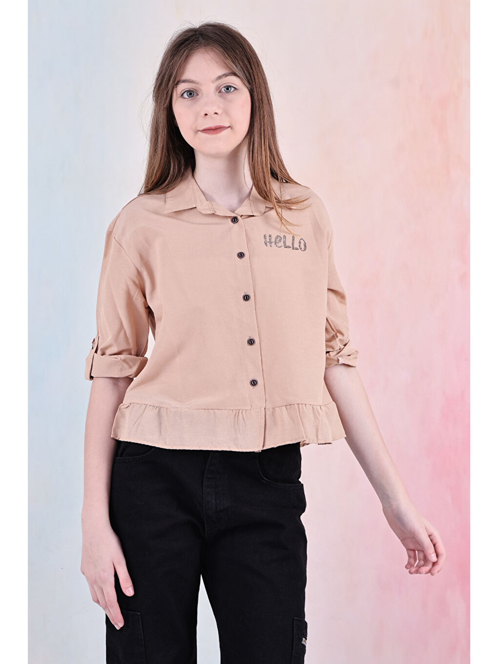 Kahverengi Kız Çocuk Bel Detaylı-Taş Baskılı Crop Gömlek 6-15 Yaş 12254-2