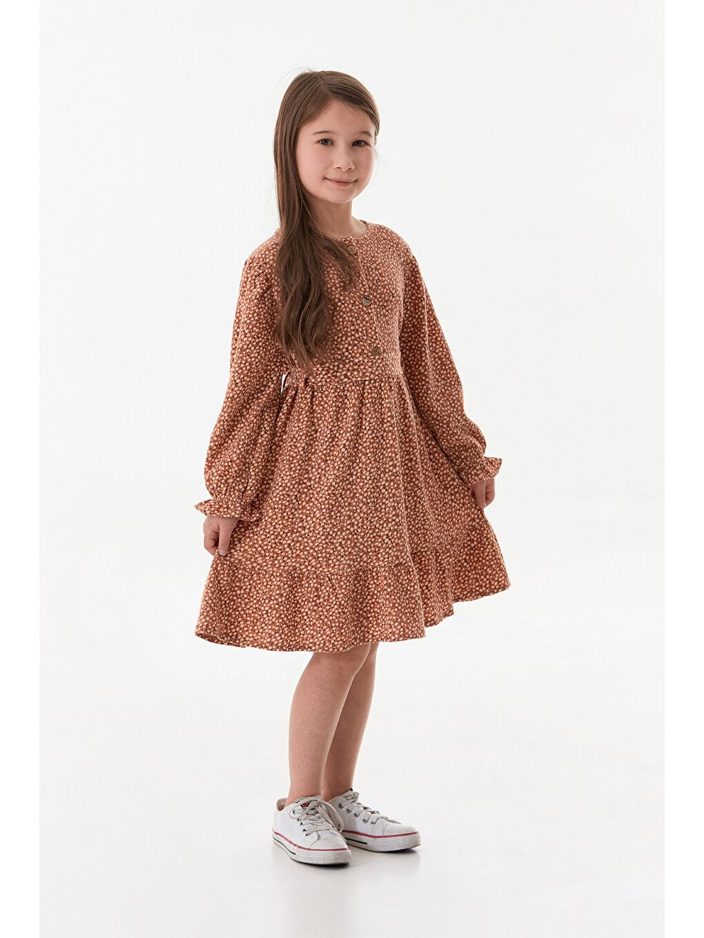 Kahverengi Çiçekli Önü Düğmeli Kız Çocuk Elbise