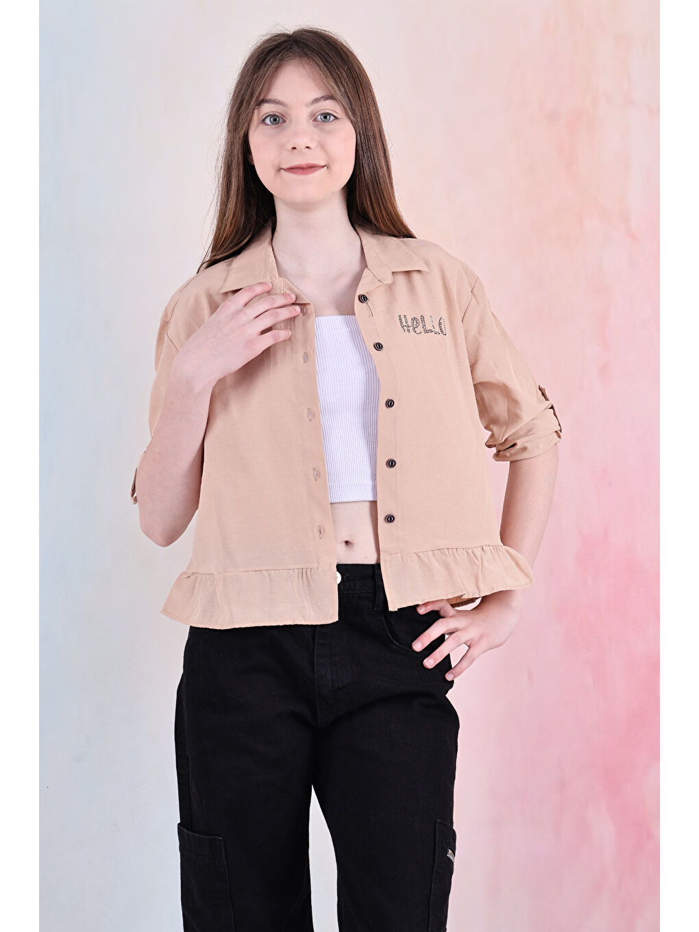 Kahverengi Kız Çocuk Bel Detaylı-Taş Baskılı Crop Gömlek 6-15 Yaş 12254-3