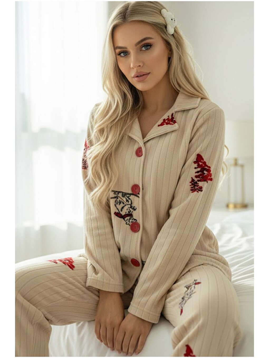 Ekru Düğmeli Polar Kışlık Örme Pijama Takım