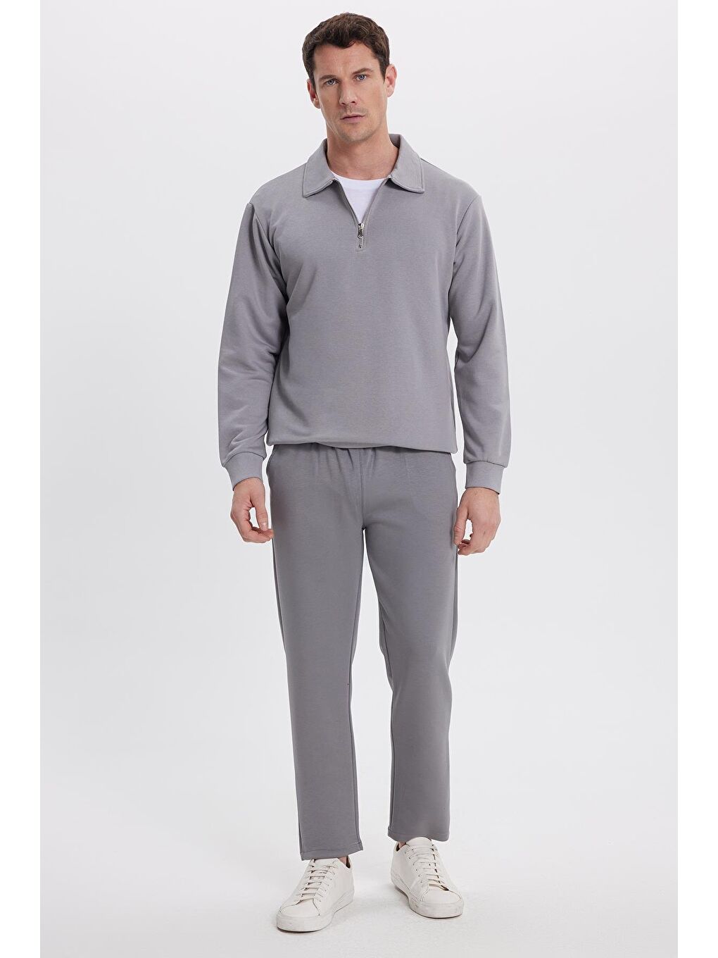 Gri Erkek Slim Fit Dar Kesim Beli Bağcıklı 3 Cepli Geniş Paça Açık Füme Eşofman Altı-1