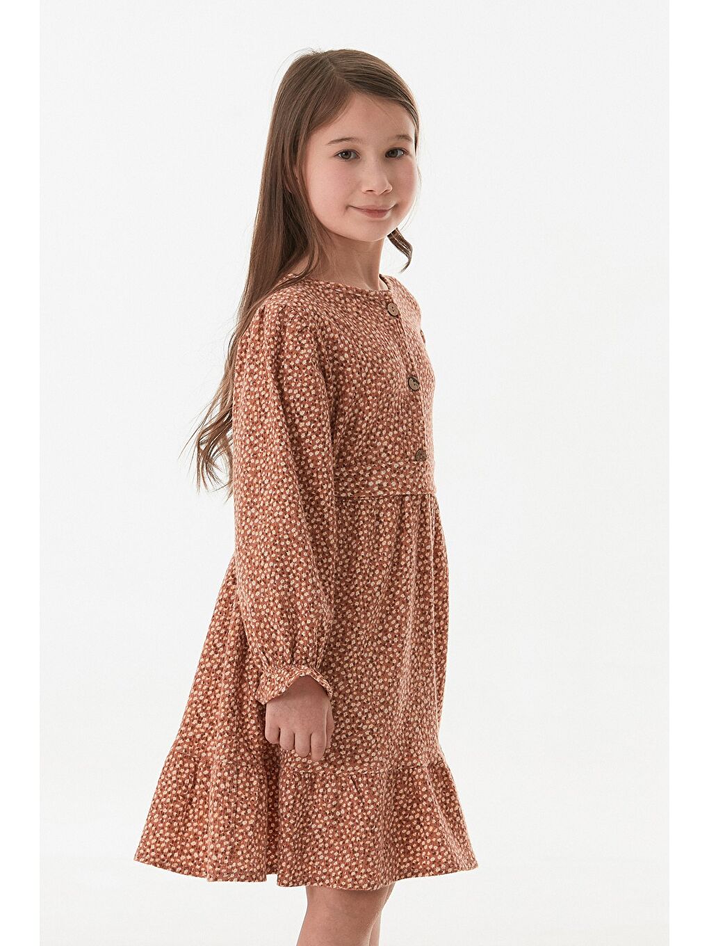 Kahverengi Çiçekli Önü Düğmeli Kız Çocuk Elbise-1