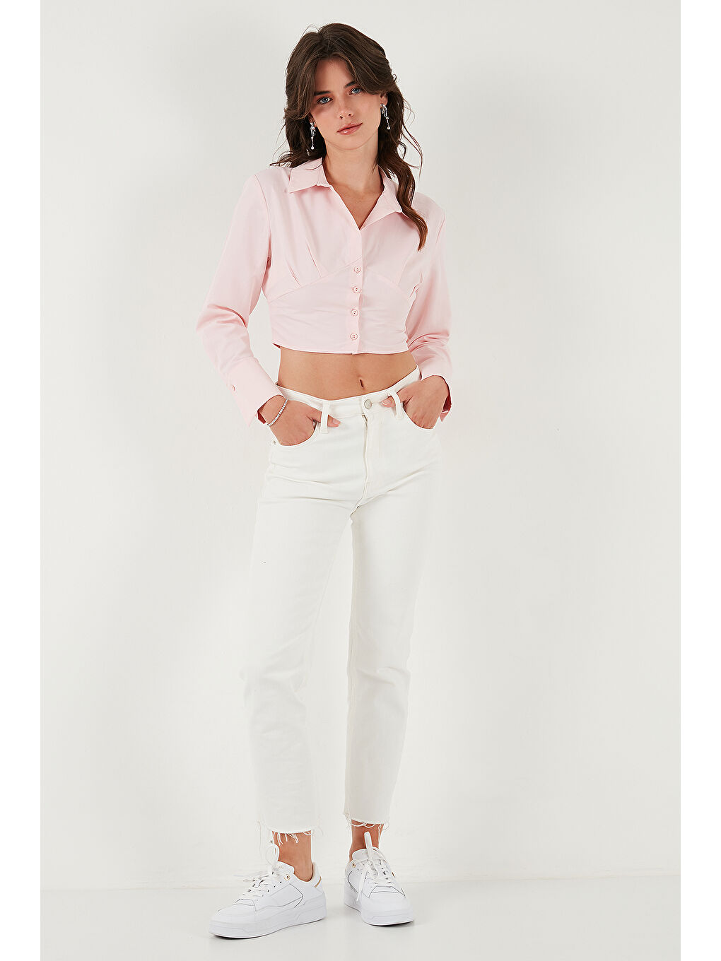Pembe Fitted Fit Pamuklu Korse Detaylı Uzun Kollu Crop Gömlek 611GO00376-1