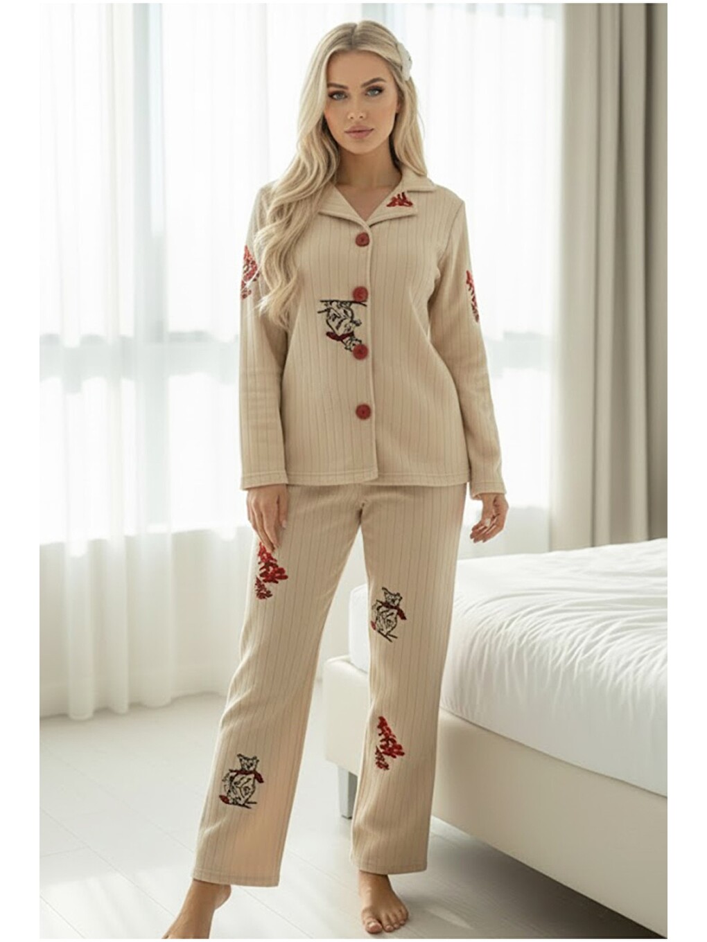 Ekru Düğmeli Polar Kışlık Örme Pijama Takım-1