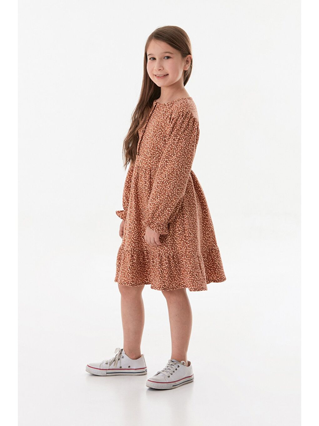 Kahverengi Çiçekli Önü Düğmeli Kız Çocuk Elbise-3