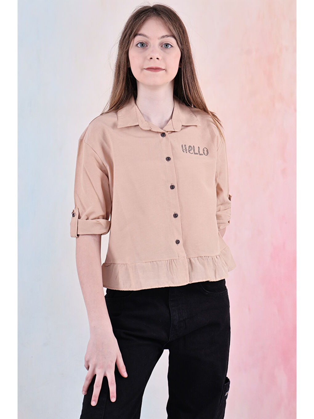 Kahverengi Kız Çocuk Bel Detaylı-Taş Baskılı Crop Gömlek 6-15 Yaş 12254-4