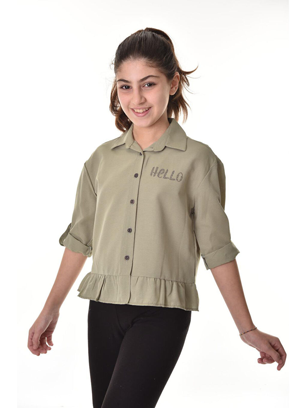 Haki Kız Çocuk Bel Detaylı-Taş Baskılı Crop Gömlek 6-15 Yaş 12254