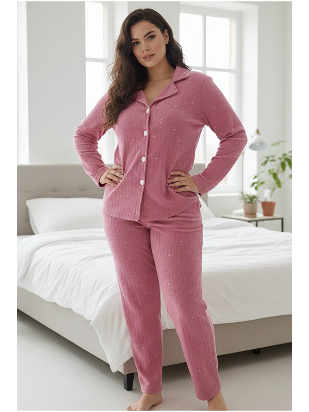 Pembe Düğmeli Büyük Beden Polar Kışlık Örme Pijama Takım-1