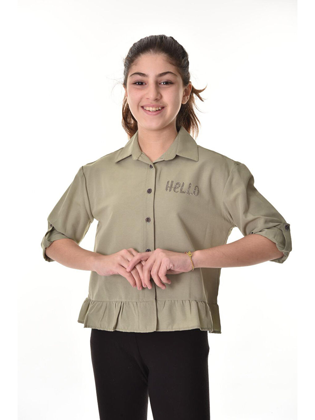 Haki Kız Çocuk Bel Detaylı-Taş Baskılı Crop Gömlek 6-15 Yaş 12254-1