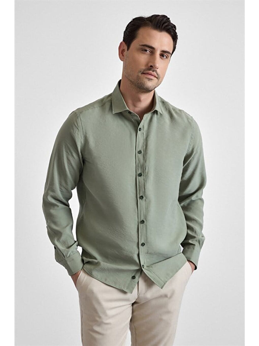 Koyu Yeşil Slim Klasik Yaka Düz Casual Gömlek-1