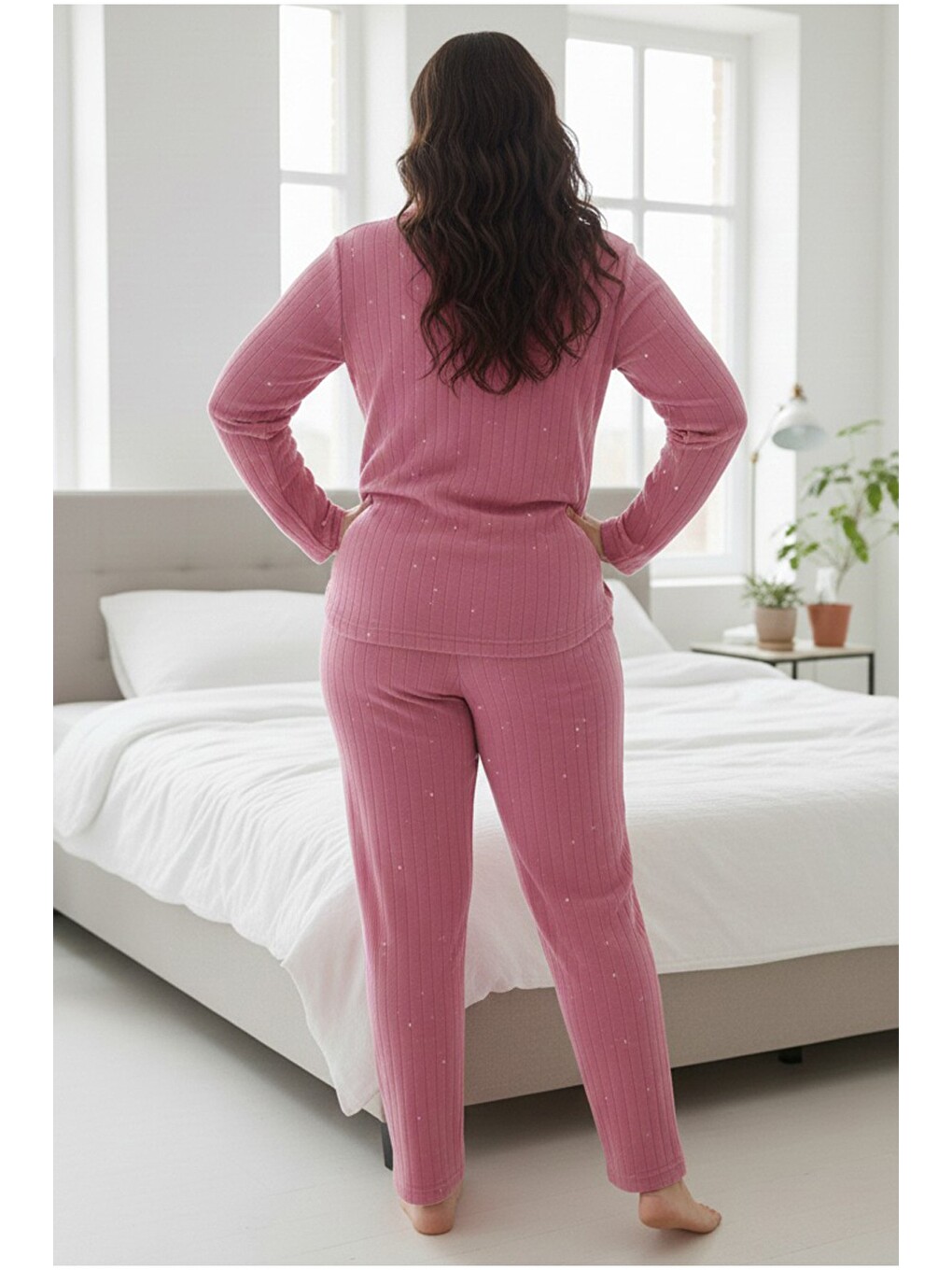 Pembe Düğmeli Büyük Beden Polar Kışlık Örme Pijama Takım-2
