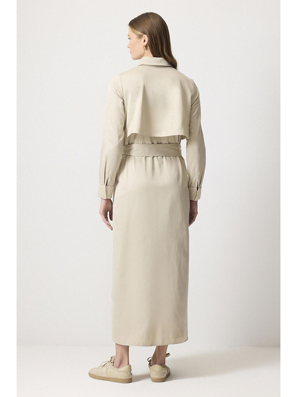Bej Kuşaklı Gömlek Elbise-3