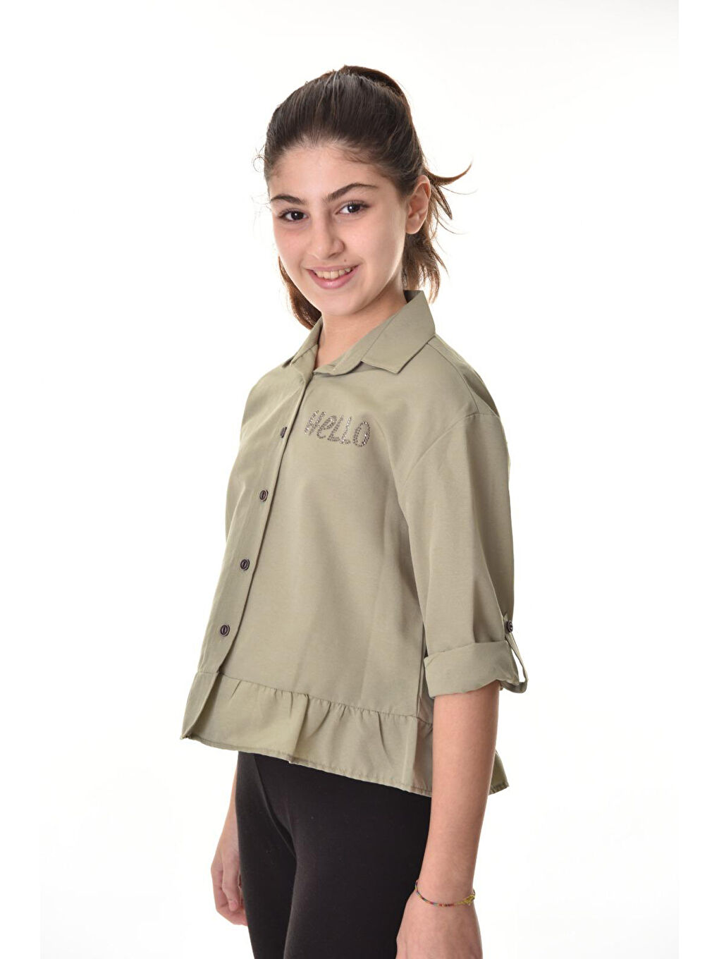 Haki Kız Çocuk Bel Detaylı-Taş Baskılı Crop Gömlek 6-15 Yaş 12254-2