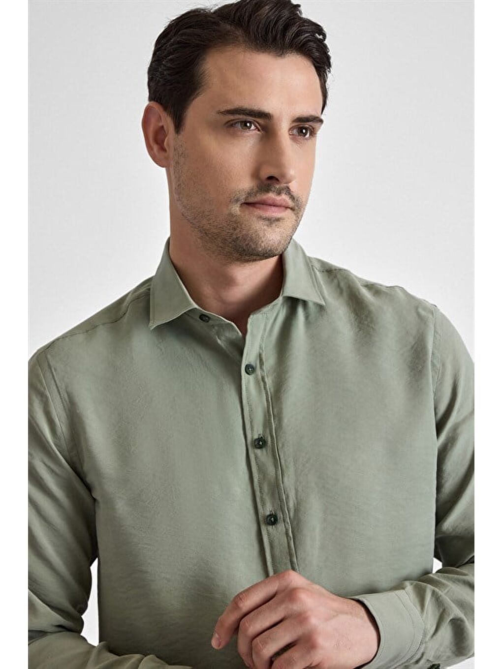 Koyu Yeşil Slim Klasik Yaka Düz Casual Gömlek-2