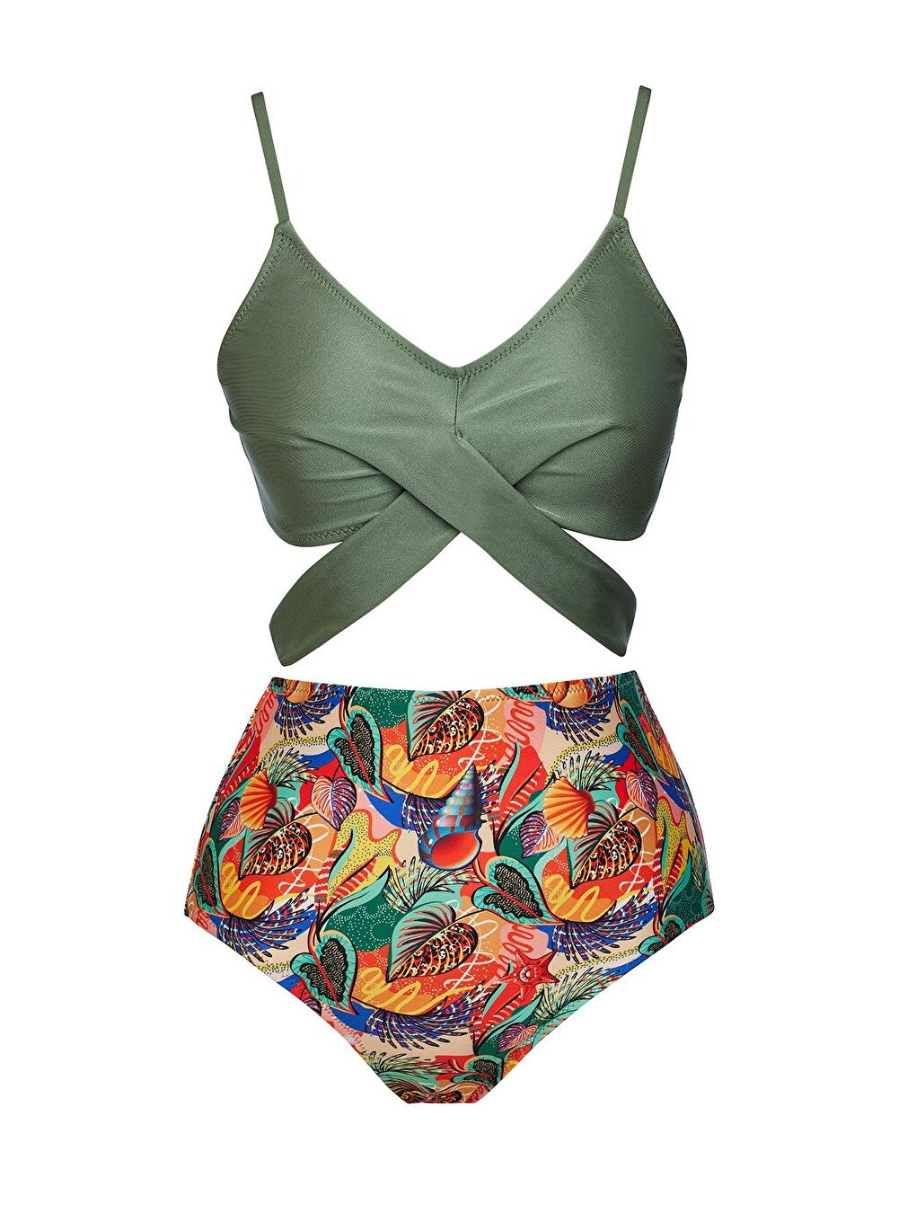 Haki Yüksek Bel Çapraz Bağcıklı Bikini Takım