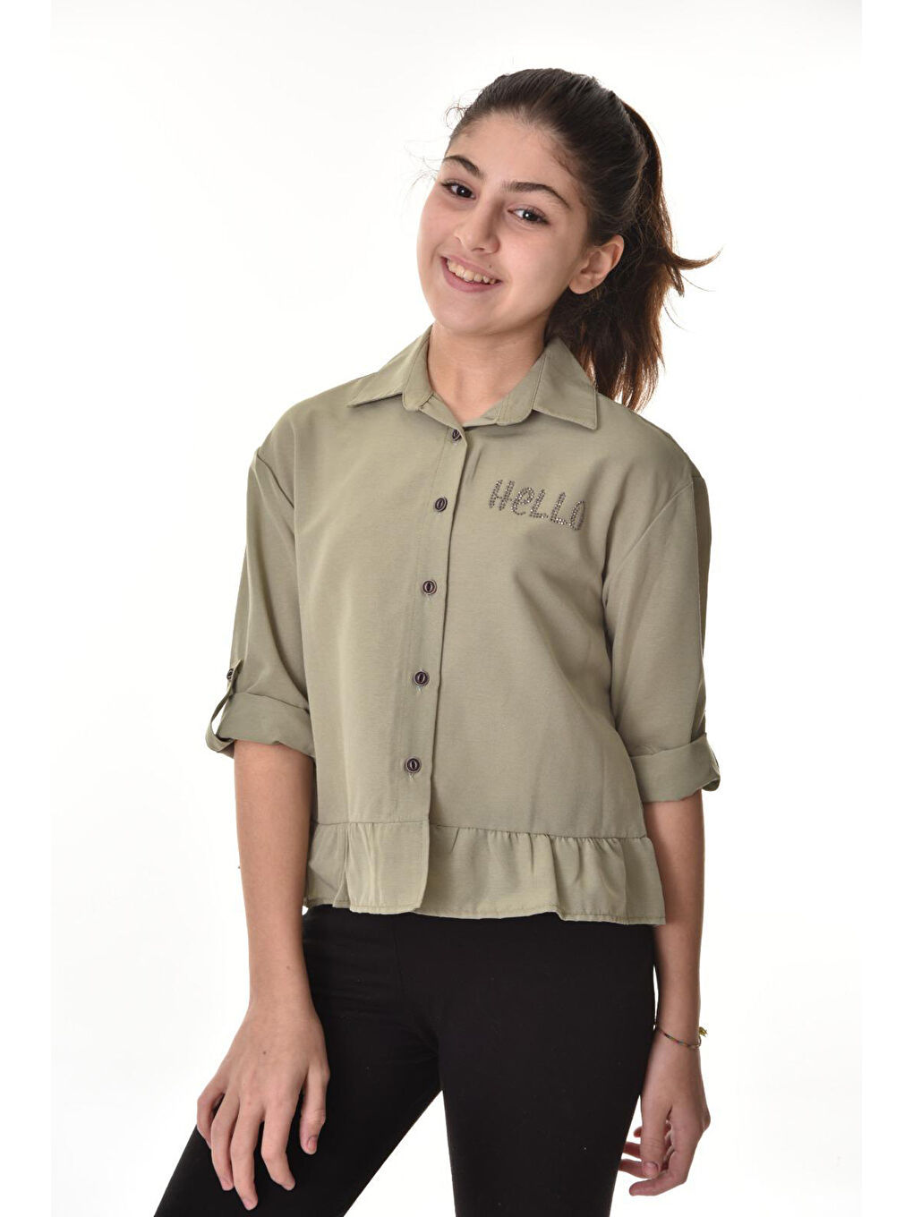 Haki Kız Çocuk Bel Detaylı-Taş Baskılı Crop Gömlek 6-15 Yaş 12254-3