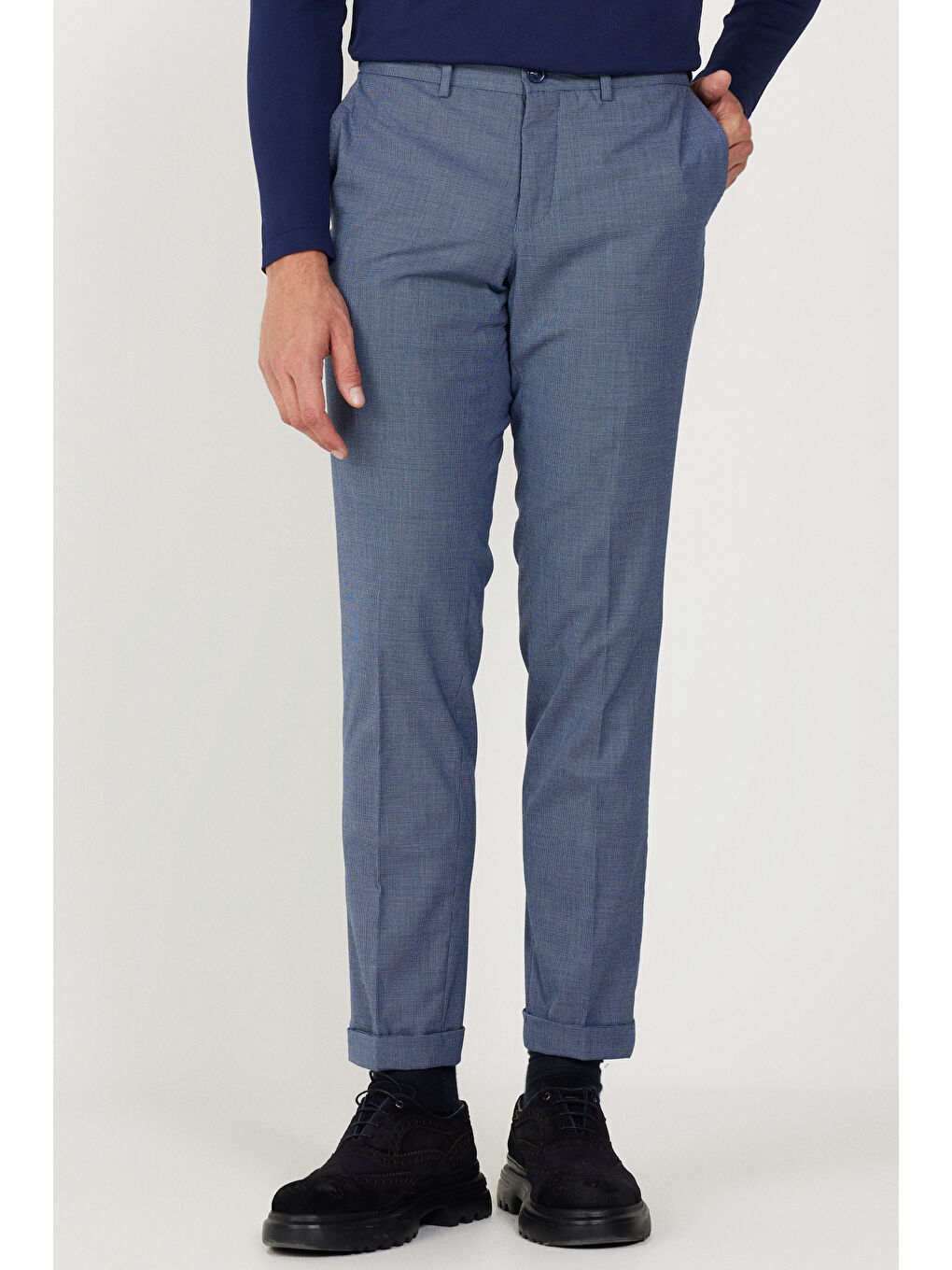 Erkek Lacivert Slim Fit Dar Kesim Yan Cepli Yünlü Desenli Beli Lastikli Pantolon