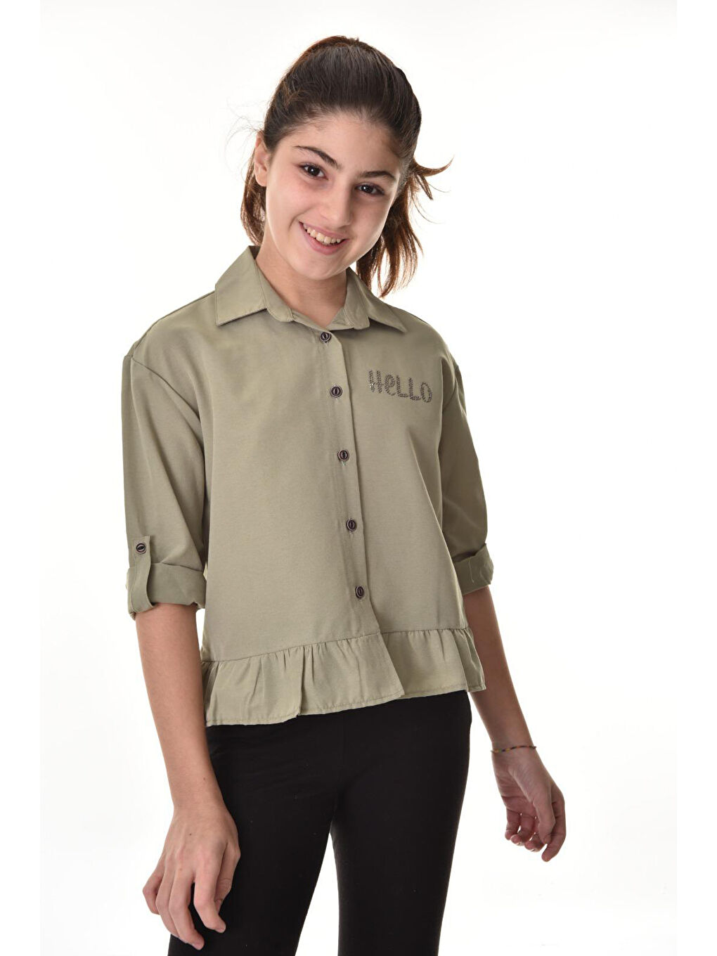 Haki Kız Çocuk Bel Detaylı-Taş Baskılı Crop Gömlek 6-15 Yaş 12254-4