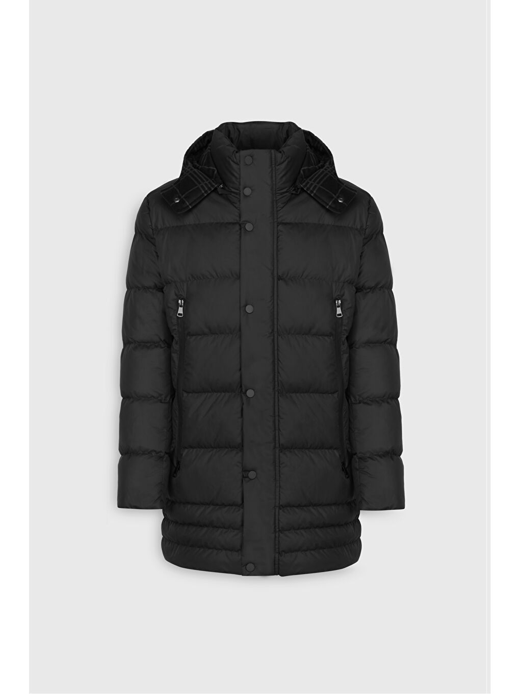 Erkek Siyah Standart Fit Normal Kesim Çıkma Kapüşonlu Dik Yaka Yan Cepli Kaban-7