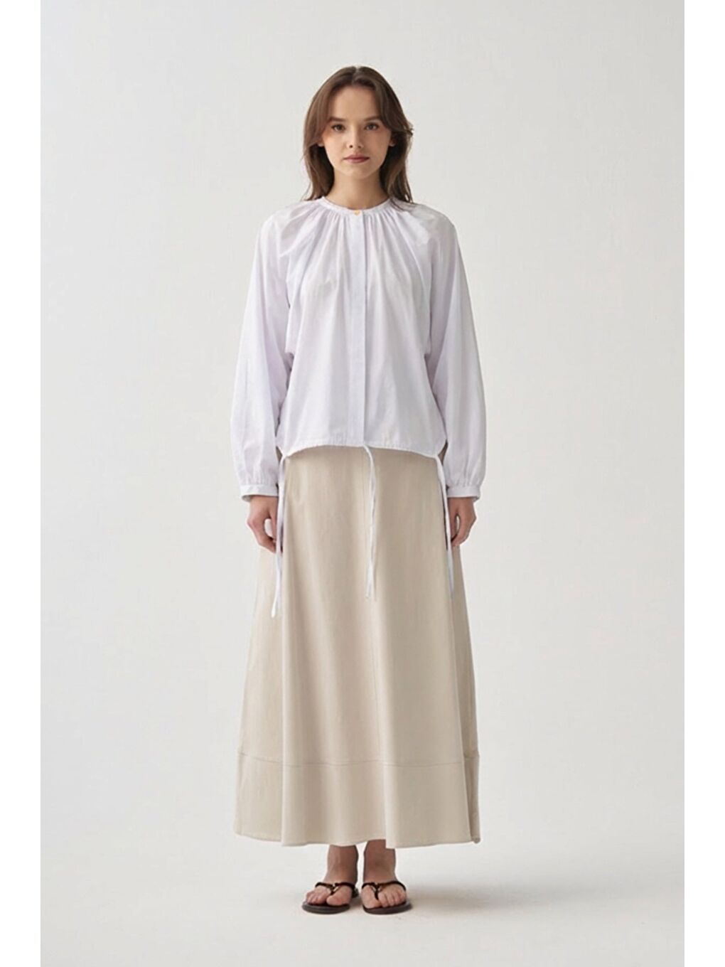 Beyaz-Reglan Kollu Bağlamalı Gömlek