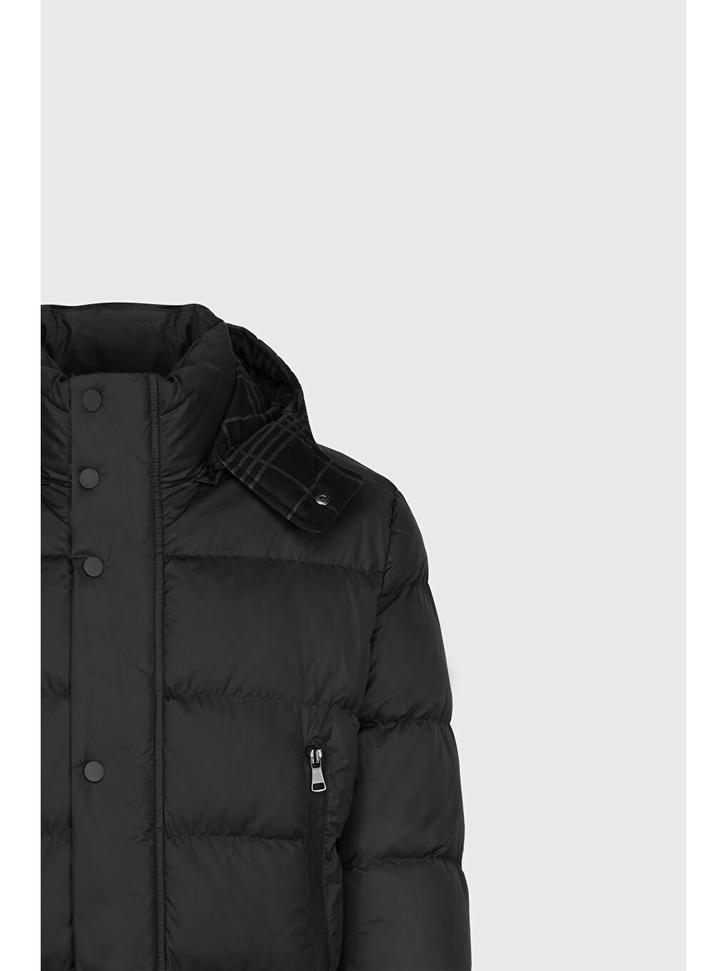 Erkek Siyah Standart Fit Normal Kesim Çıkma Kapüşonlu Dik Yaka Yan Cepli Kaban-8