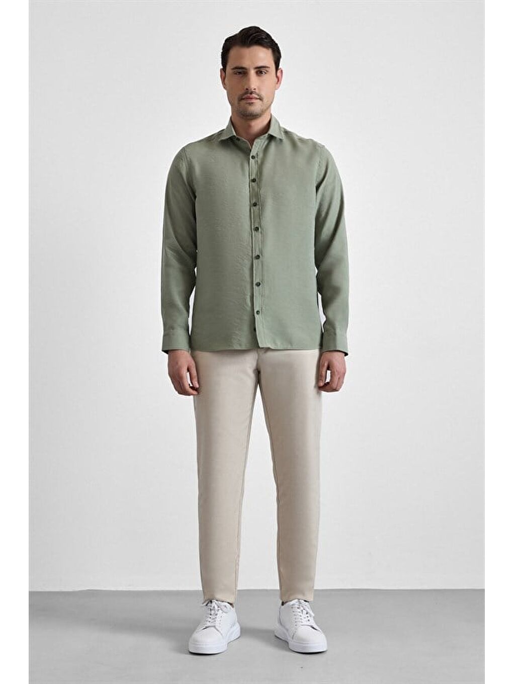 Koyu Yeşil Slim Klasik Yaka Düz Casual Gömlek-5