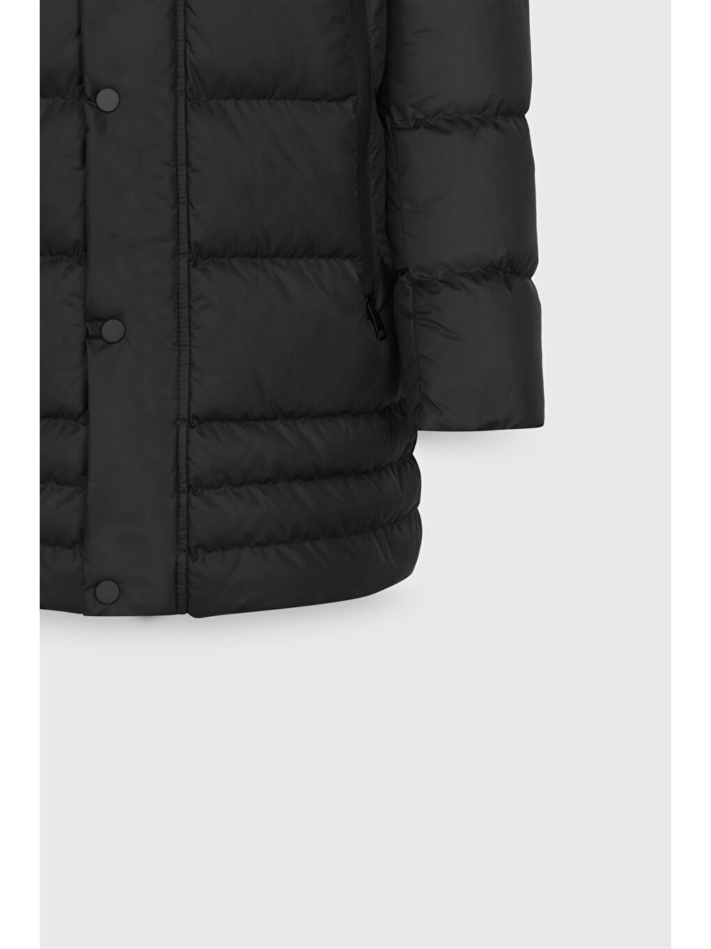 Erkek Siyah Standart Fit Normal Kesim Çıkma Kapüşonlu Dik Yaka Yan Cepli Kaban-9