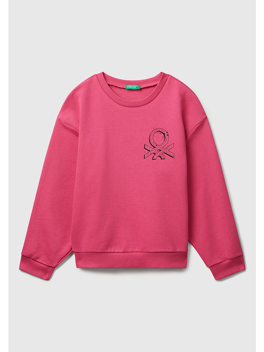 Kız Çocuk Pembe Parıltılı Logo Baskılı Ribanalı Bisiklet Yaka Sweatshirt
