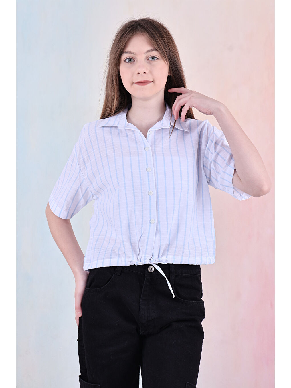 Mavi Kız Çocuk Bel Büzgü Detaylı Crop Gömlek 6-14 Yaş 12253