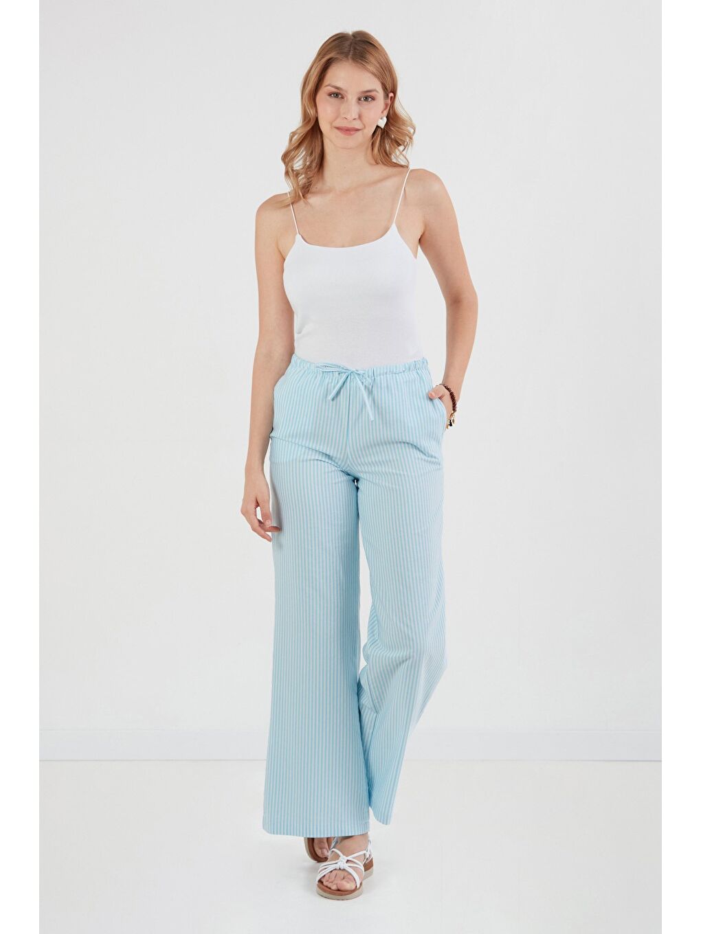 Mavi Çizgili Beli Bağlamalı Palazzo Pantolon