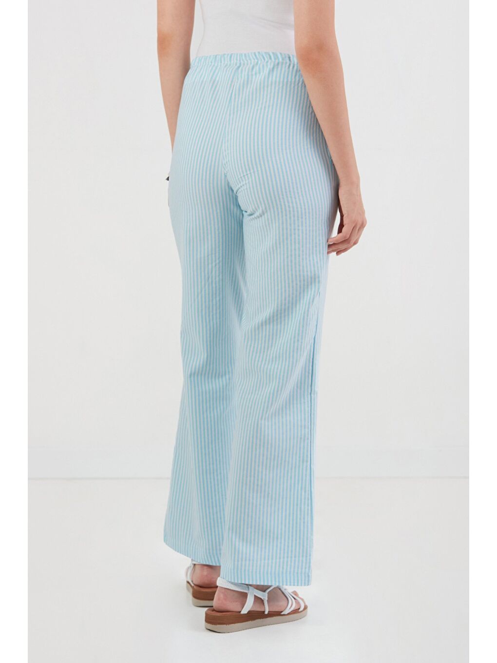 Mavi Çizgili Beli Bağlamalı Palazzo Pantolon-3