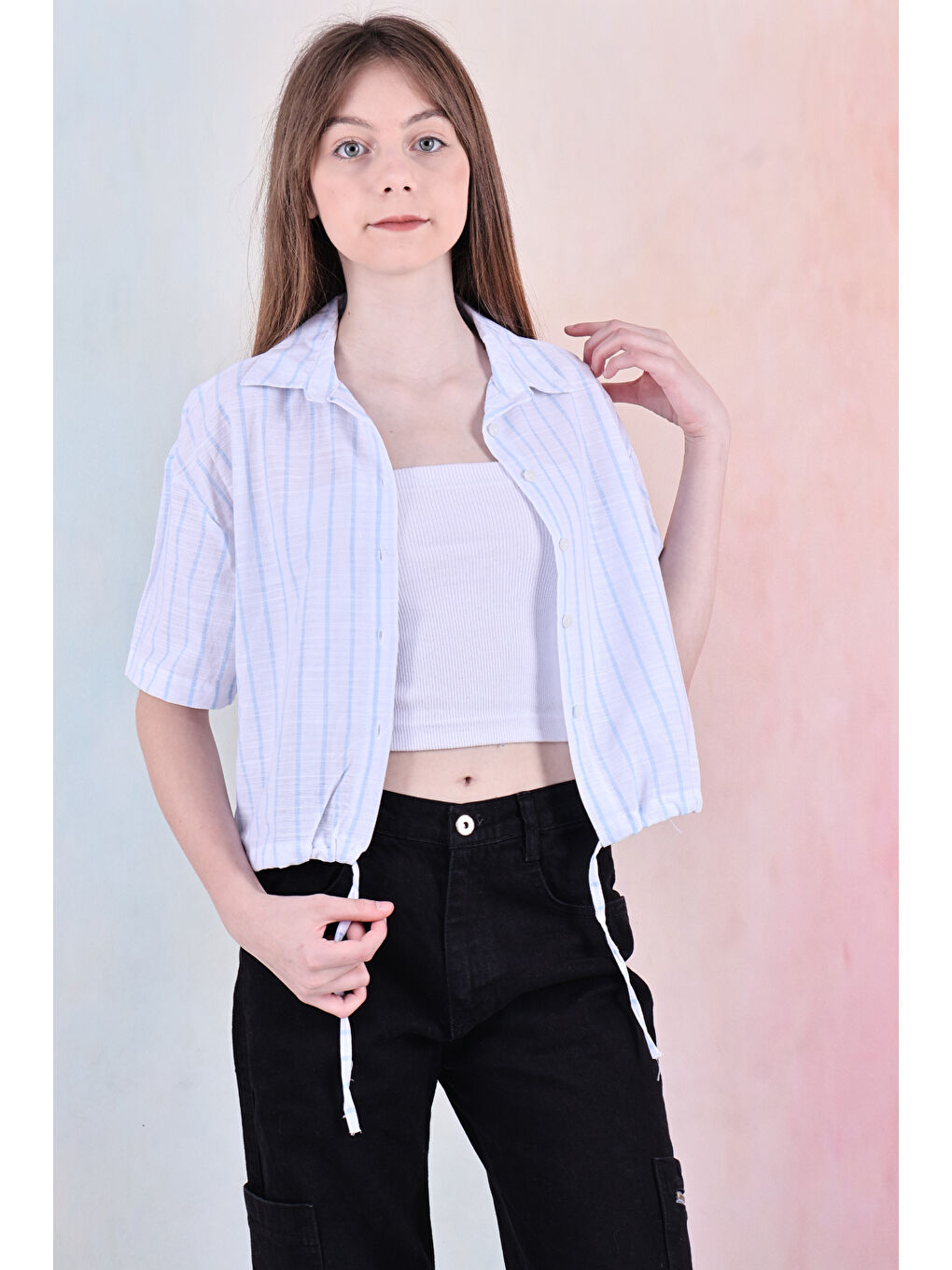 Mavi Kız Çocuk Bel Büzgü Detaylı Crop Gömlek 6-14 Yaş 12253-1
