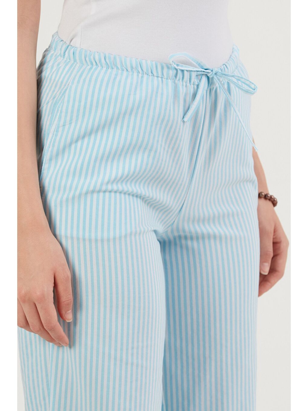 Mavi Çizgili Beli Bağlamalı Palazzo Pantolon-4