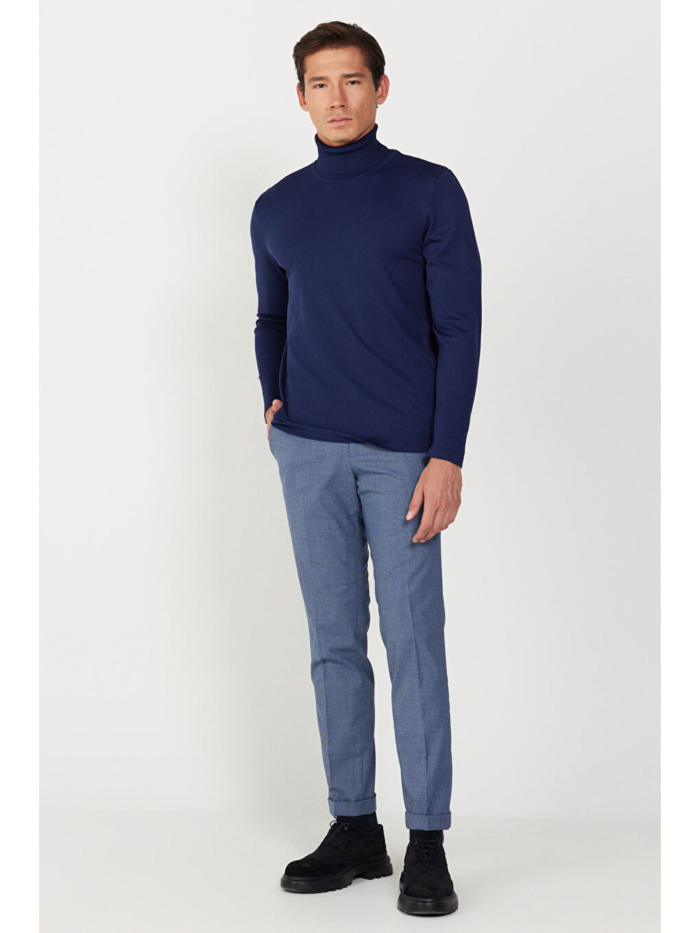 Erkek Lacivert Slim Fit Dar Kesim Yan Cepli Yünlü Desenli Beli Lastikli Pantolon-1