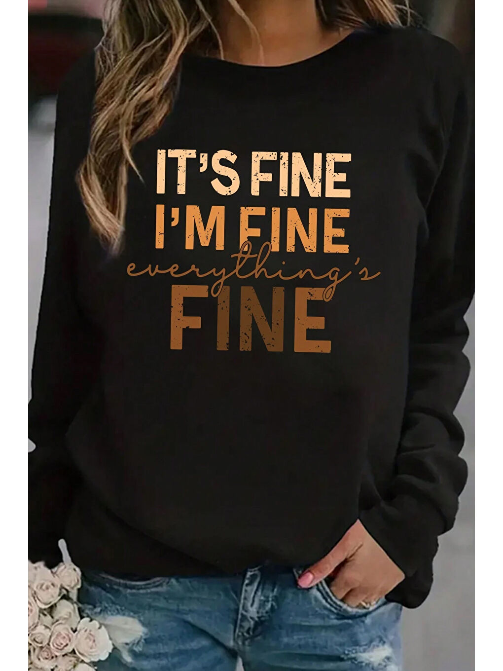 Siyah Unisex Fine Baskılı Bisiklet Yaka Sweatshirt