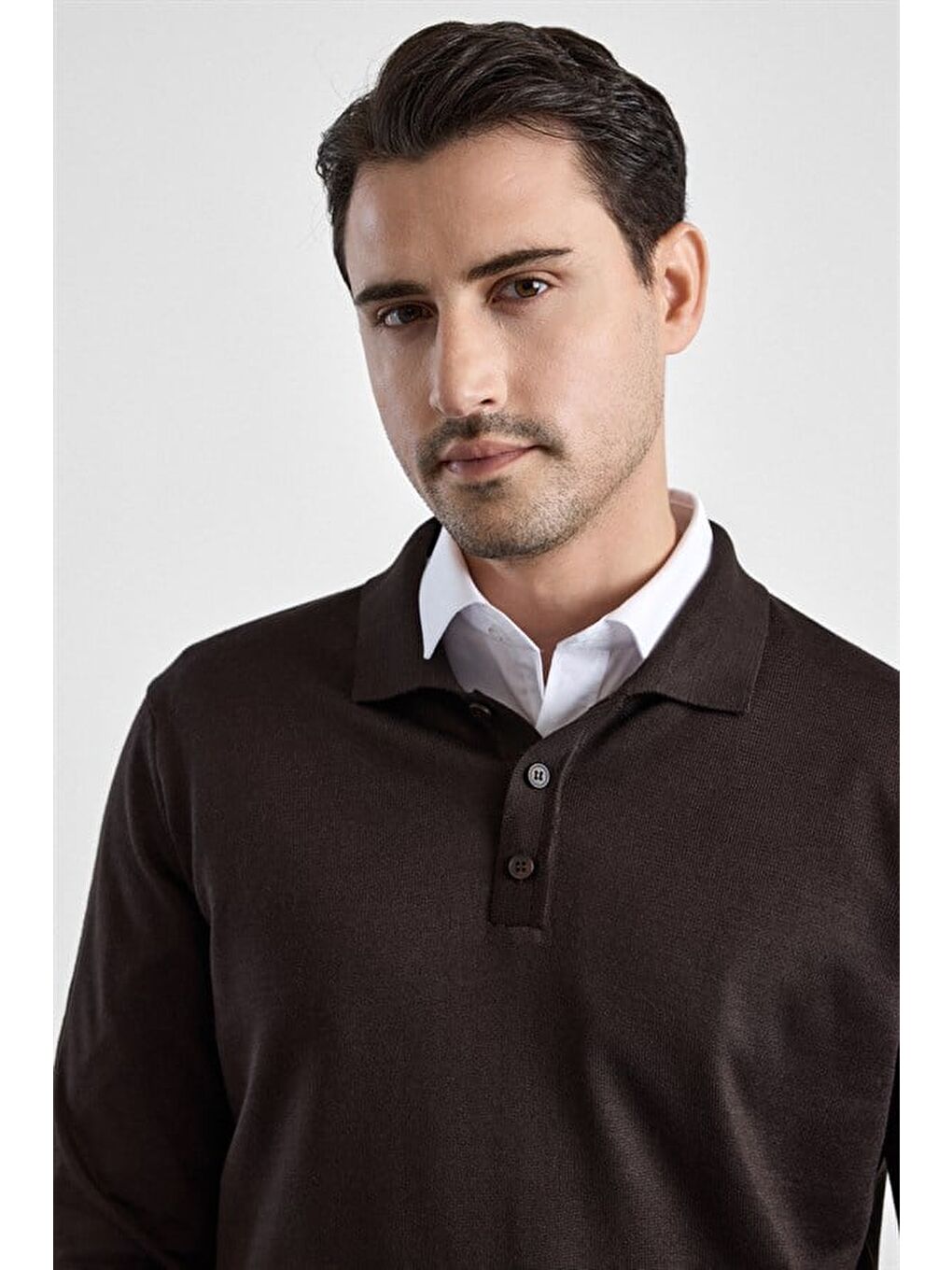 Kahverengi Koyu Kahve Regular Düz Düğmeli Polo Yaka Kazak-1