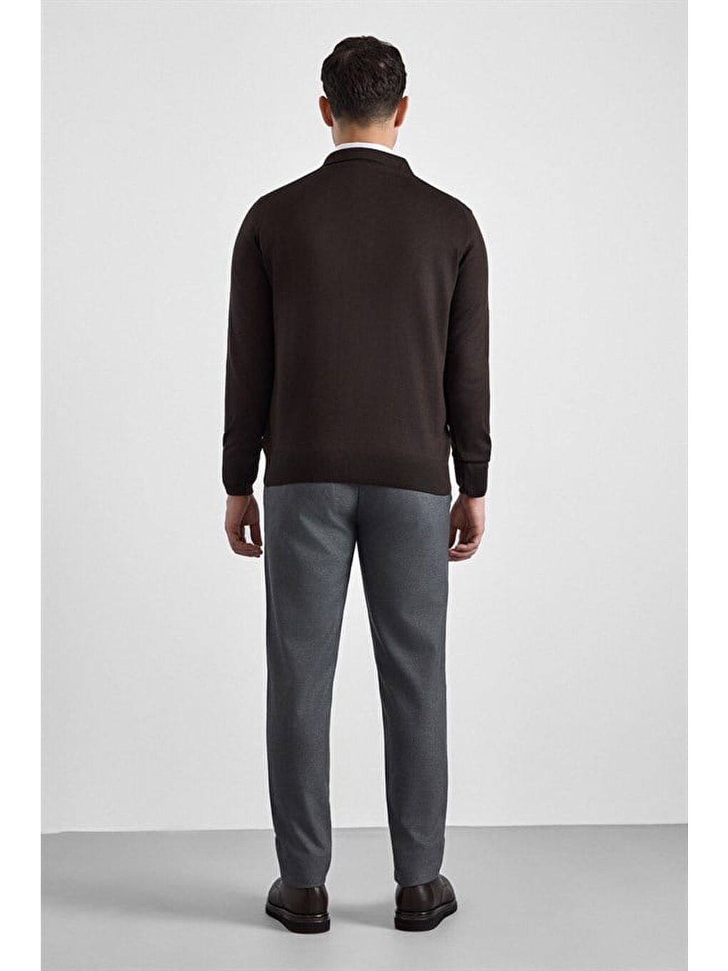 Kahverengi Koyu Kahve Regular Düz Düğmeli Polo Yaka Kazak-2