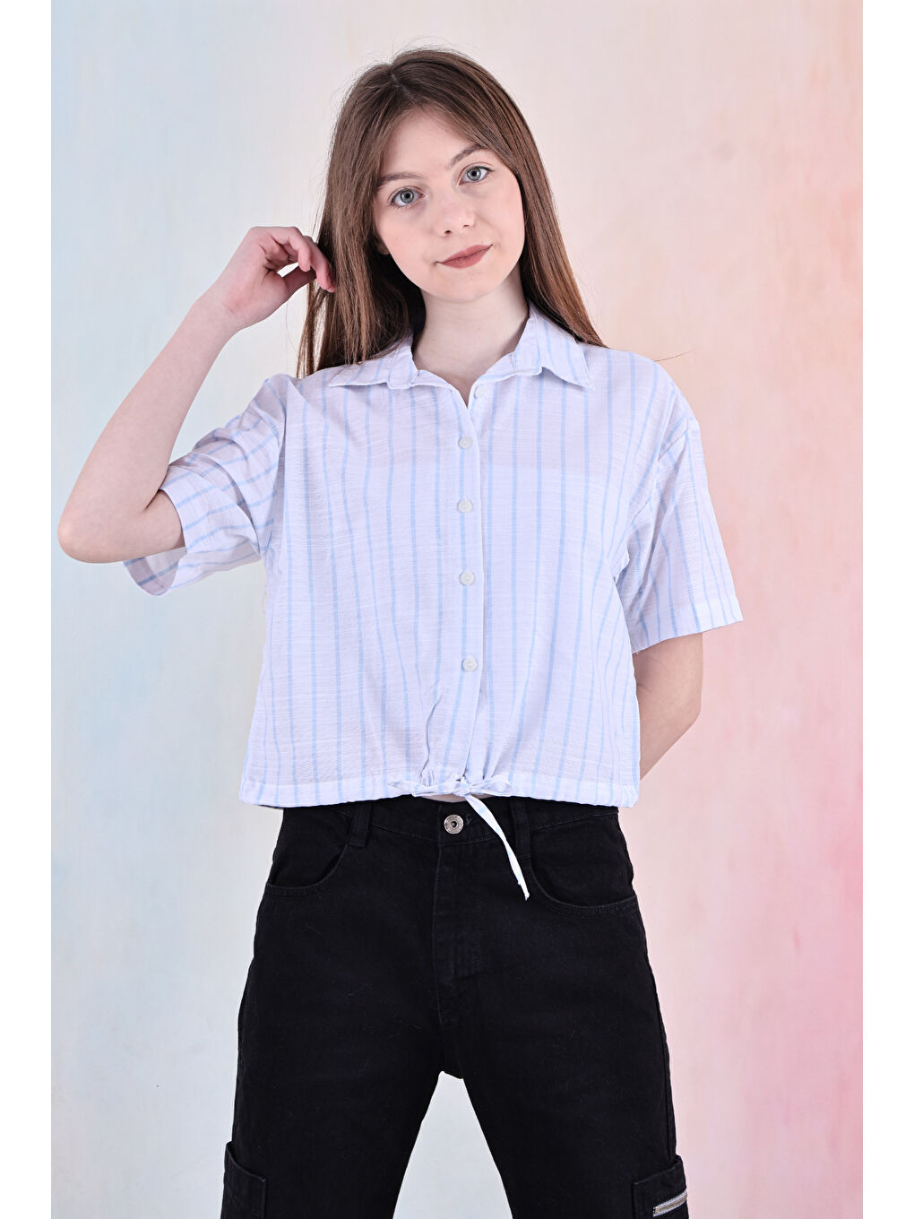 Mavi Kız Çocuk Bel Büzgü Detaylı Crop Gömlek 6-14 Yaş 12253-2