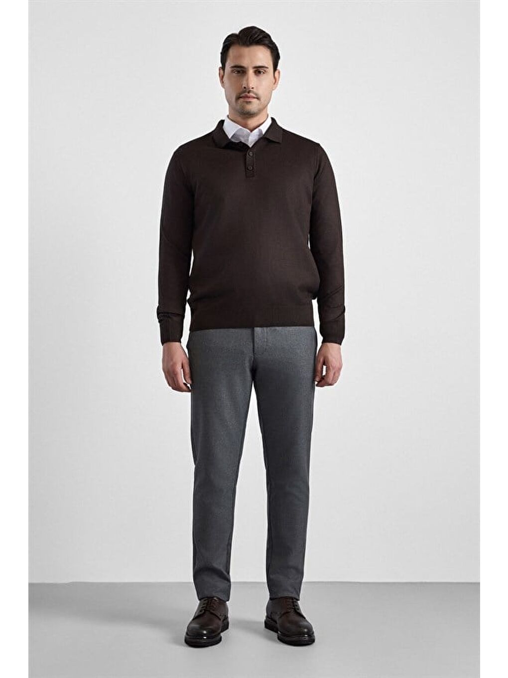 Kahverengi Koyu Kahve Regular Düz Düğmeli Polo Yaka Kazak-3