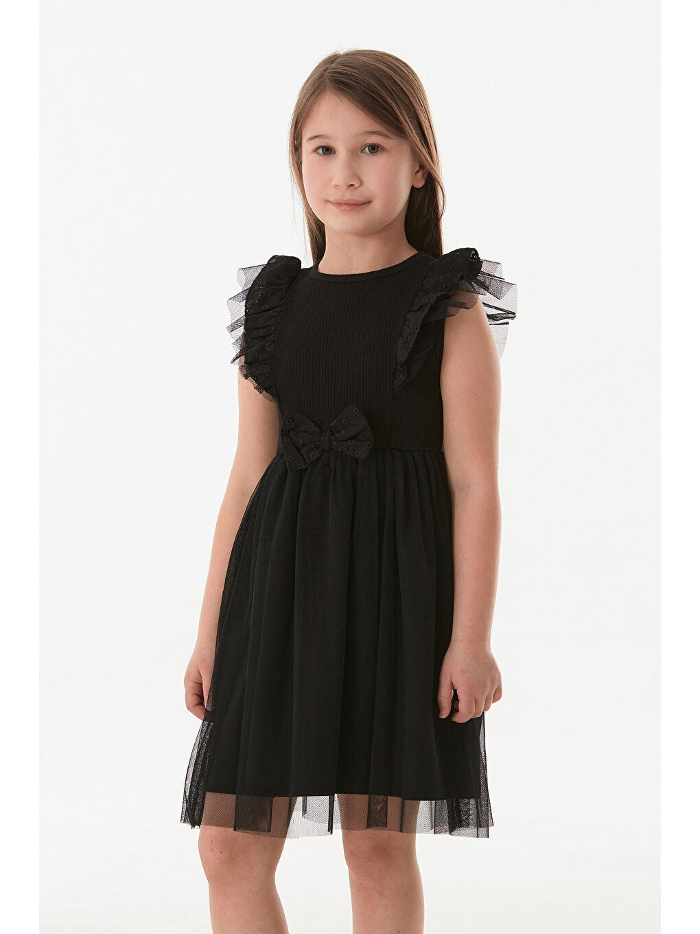 Siyah Kurdele Detaylı Kolu Fırfırlı Tüllü Kız Çocuk Elbise