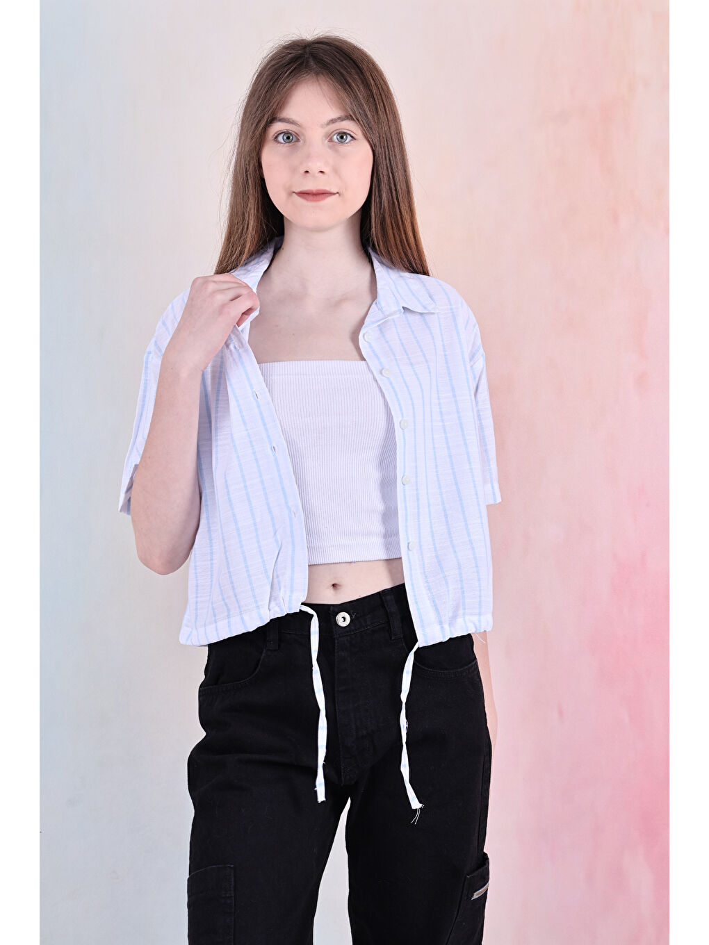 Mavi Kız Çocuk Bel Büzgü Detaylı Crop Gömlek 6-14 Yaş 12253-3